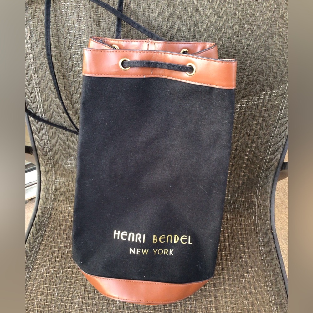 Henri Bendel Black/Tan Canvas Drawstring Bucket Bag
